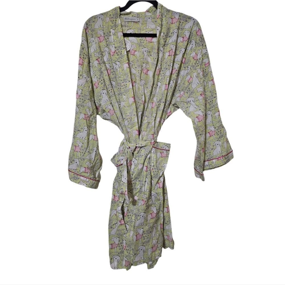MAHOGANY Woof Friends Print 100% Cotton Belted Short Robe - Size Large NWT